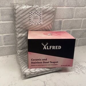 NIB ALFRED Ceramic & Stainless Steel Teapot 20 oz w/Simply Whimsical Tea Towels